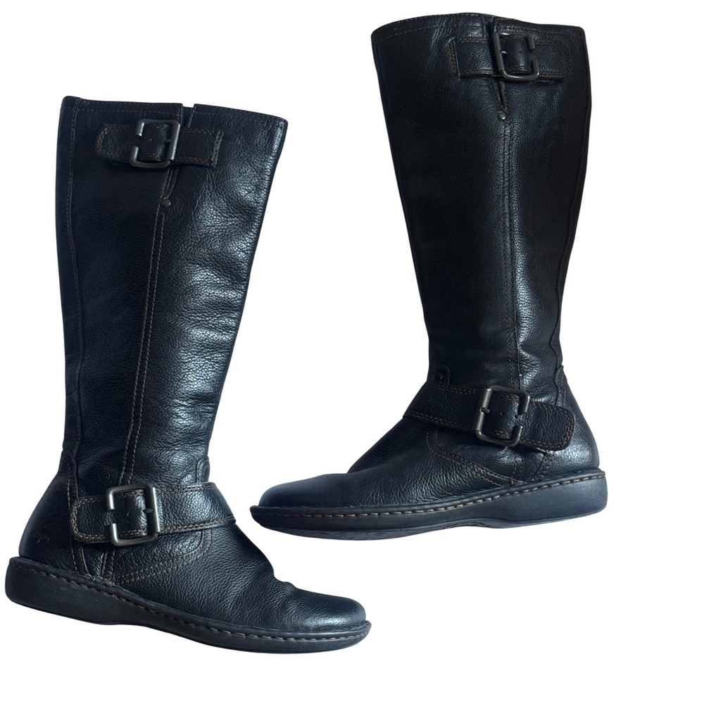 Born b.o.c Concept Women Black Leather Tall Moto Boots Buckle BC3642 Size 8